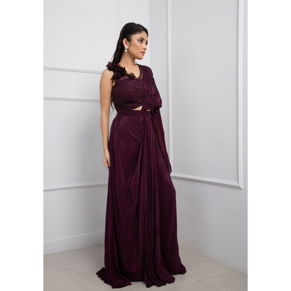 SMRITI Orchid Plum Pre-Draped Saree with Stitched Blouse