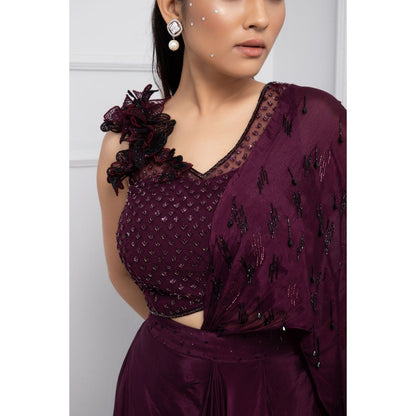 SMRITI Orchid Plum Pre-Draped Saree with Stitched Blouse