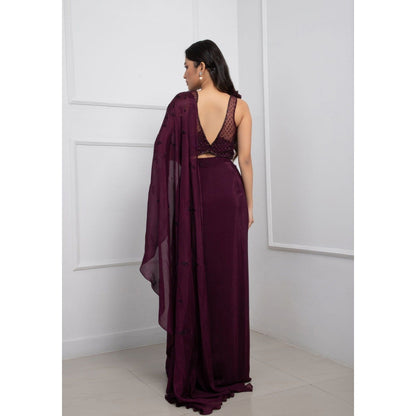 SMRITI Orchid Plum Pre-Draped Saree with Stitched Blouse