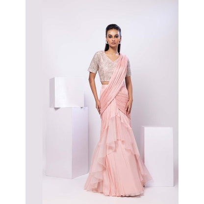 SMRITI Pink Siana Pre-Draped Saree with Stitched Blouse