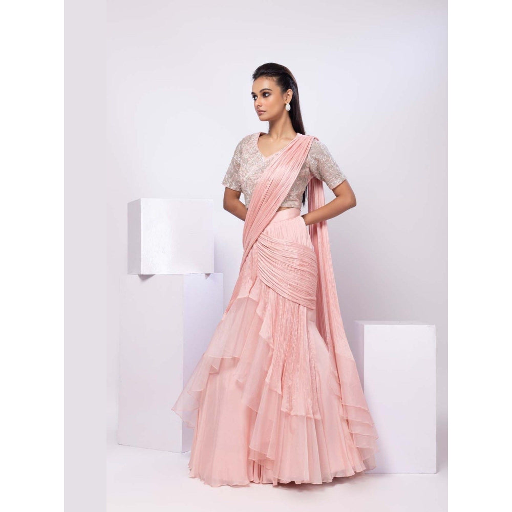 SMRITI Pink Siana Pre-Draped Saree with Stitched Blouse