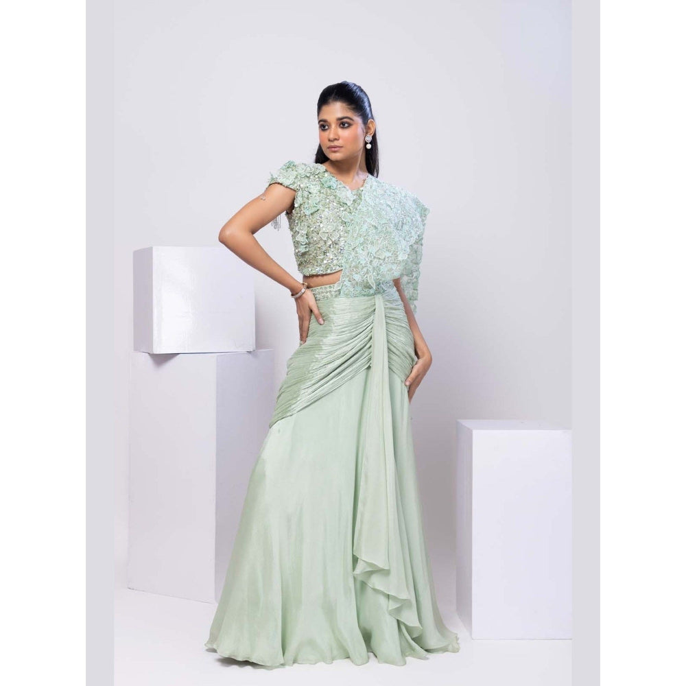 SMRITI Romantic Green Pearl Embellished Pre-Draped Saree with Stitched Blouse