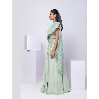 SMRITI Romantic Green Pearl Embellished Pre-Draped Saree with Stitched Blouse