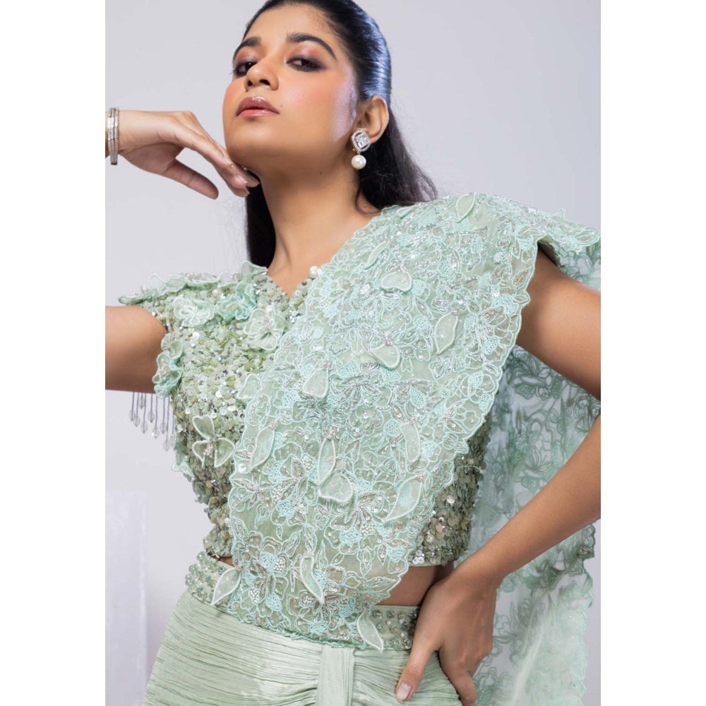 SMRITI Romantic Green Pearl Embellished Pre-Draped Saree with Stitched Blouse