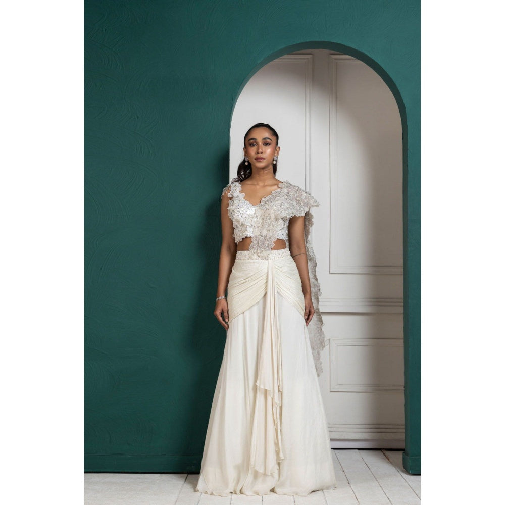 SMRITI Romantic Pearl Embellished Pre-Draped Saree with Stitched Blouse