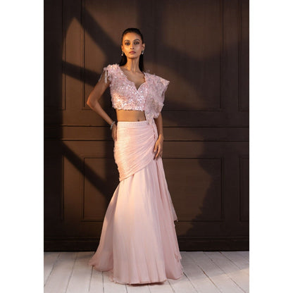 SMRITI Romantic Rose Embellished Pre-Draped Saree with Stitched Blouse
