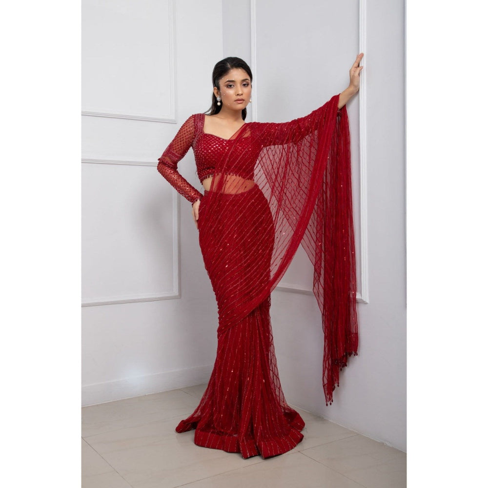SMRITI Ruby Red Embellished Pre-Draped Saree with Stitched Blouse