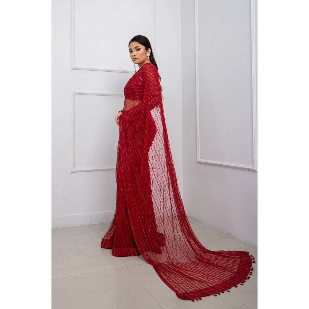 SMRITI Ruby Red Embellished Pre-Draped Saree with Stitched Blouse