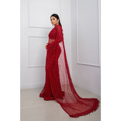 SMRITI Ruby Red Embellished Pre-Draped Saree with Stitched Blouse
