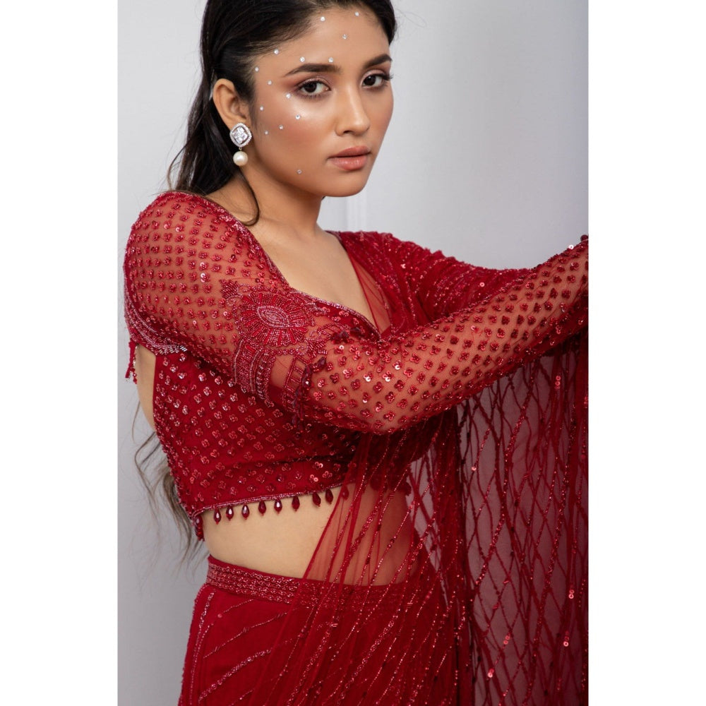 SMRITI Ruby Red Embellished Pre-Draped Saree with Stitched Blouse
