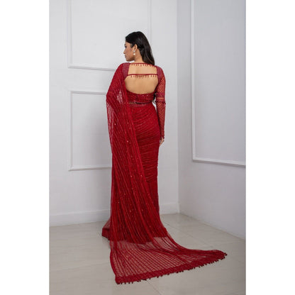 SMRITI Ruby Red Embellished Pre-Draped Saree with Stitched Blouse