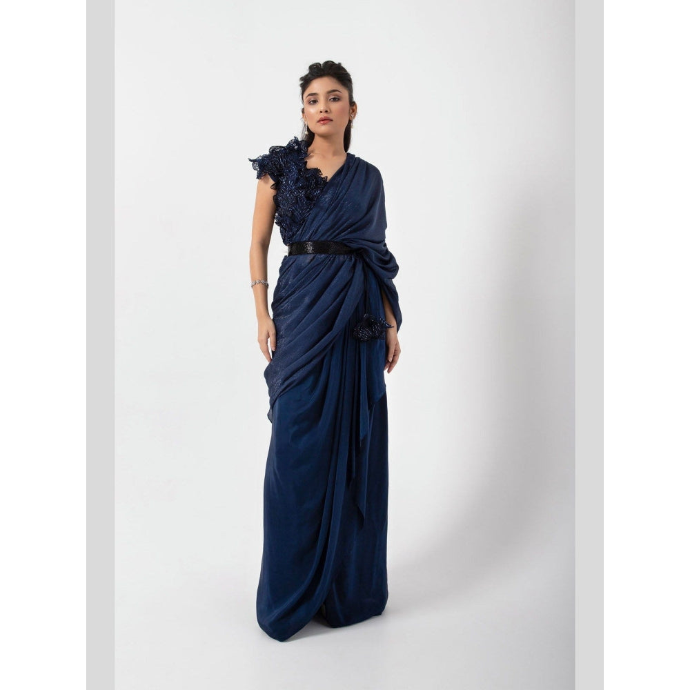 SMRITI Sapphire 3D Floral Pre-Draped Saree with Stitched Blouse and Belt