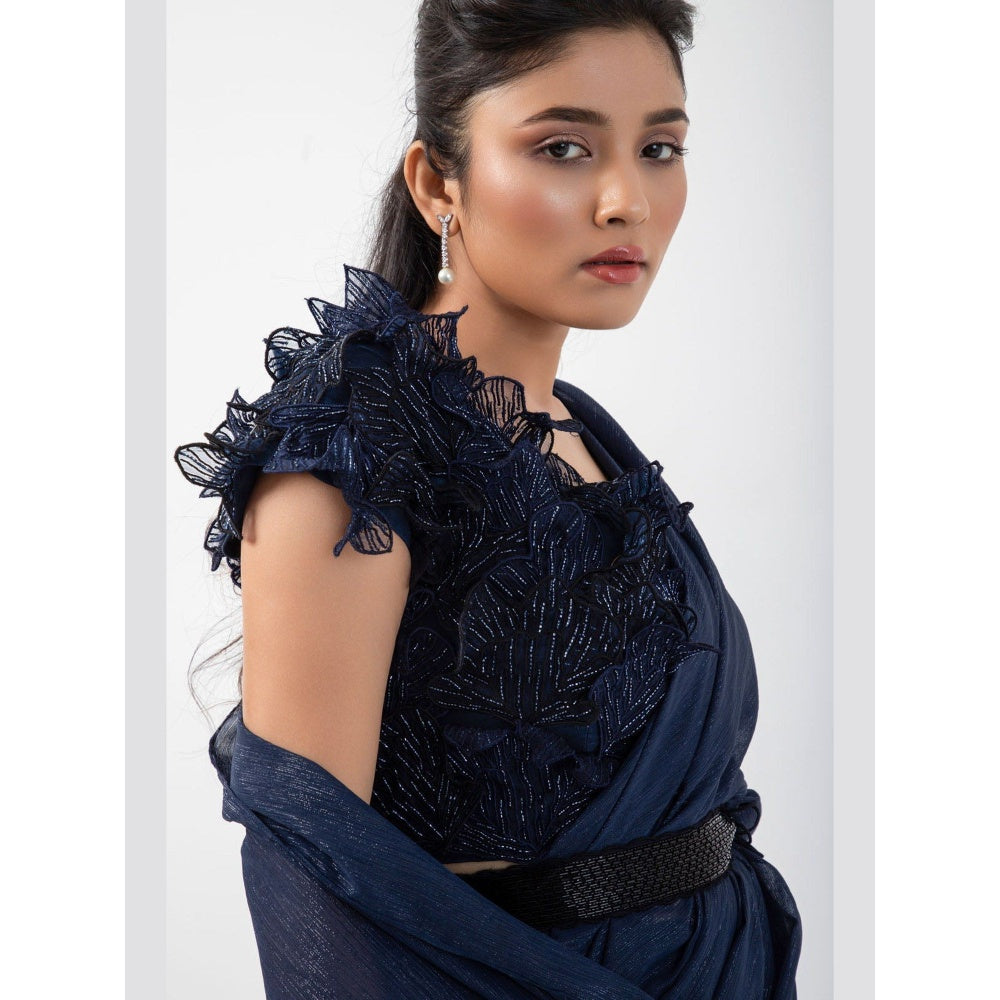 SMRITI Sapphire 3D Floral Pre-Draped Saree with Stitched Blouse and Belt