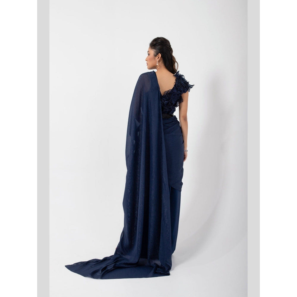 SMRITI Sapphire 3D Floral Pre-Draped Saree with Stitched Blouse and Belt