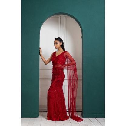 SMRITI Scarlet Bloom Pre-Draped Saree with Stitched Blouse