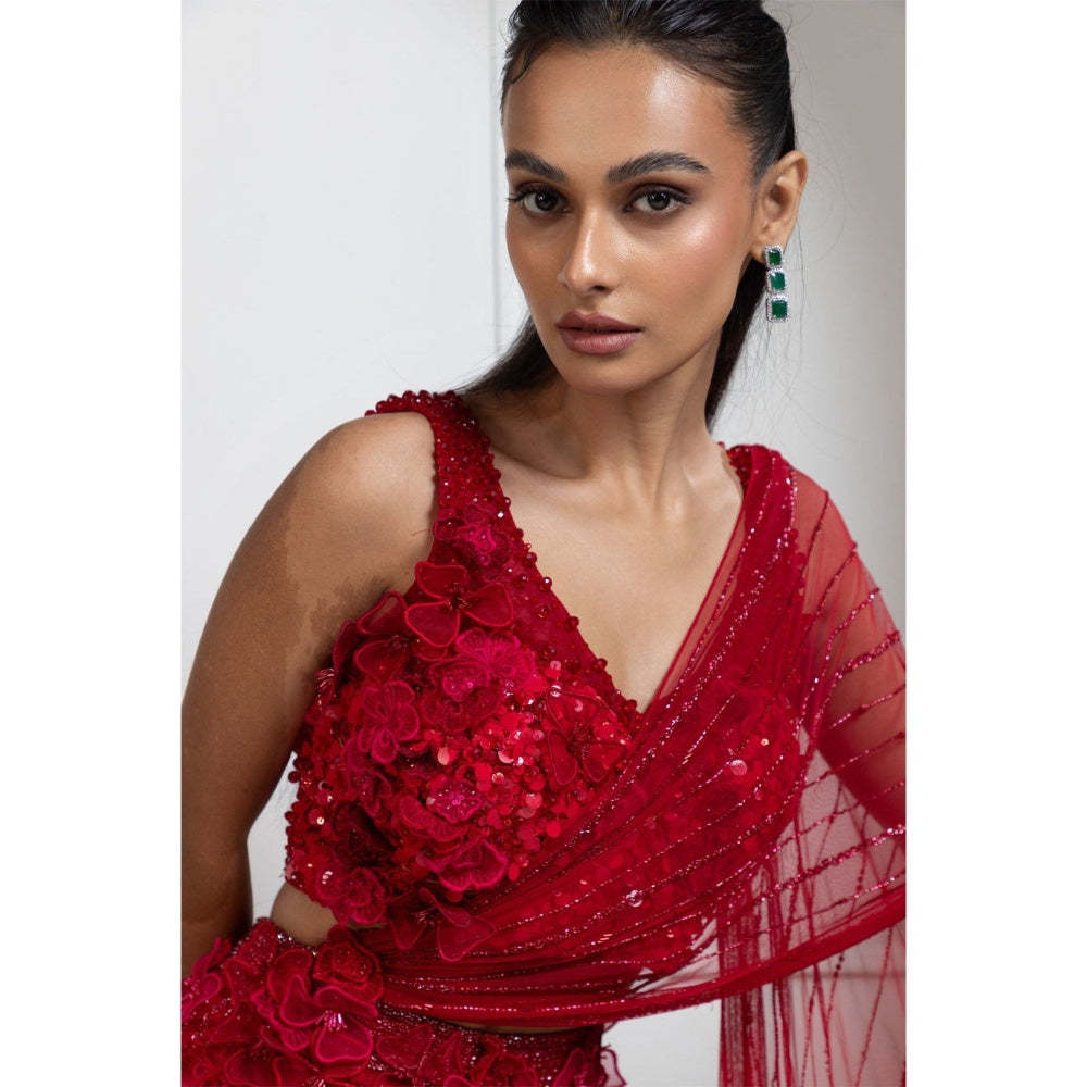 SMRITI Scarlet Bloom Pre-Draped Saree with Stitched Blouse