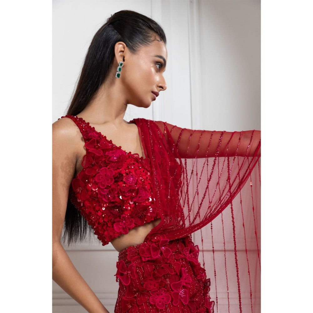 SMRITI Scarlet Bloom Pre-Draped Saree with Stitched Blouse