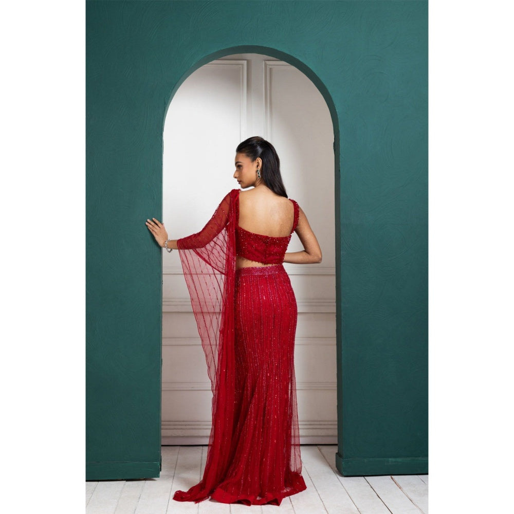 SMRITI Scarlet Bloom Pre-Draped Saree with Stitched Blouse