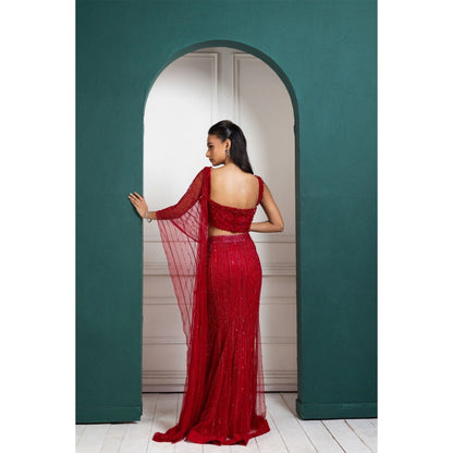 SMRITI Scarlet Bloom Pre-Draped Saree with Stitched Blouse