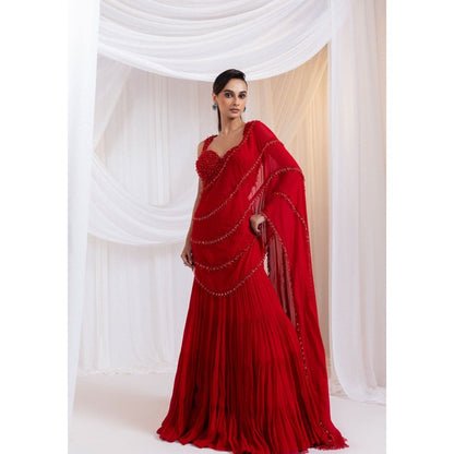 SMRITI Scarlet Icon Pre-Draped Saree with Stitched Blouse