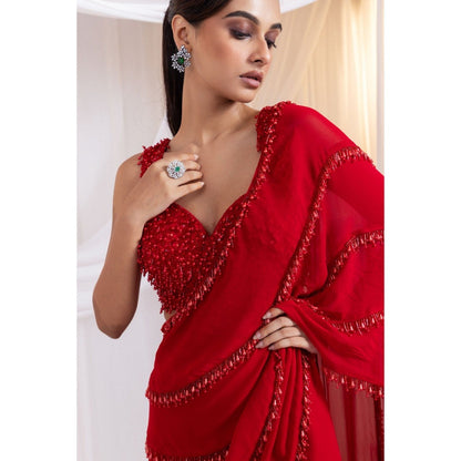 SMRITI Scarlet Icon Pre-Draped Saree with Stitched Blouse