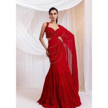 SMRITI Scarlet Icon Pre-Draped Saree with Stitched Blouse