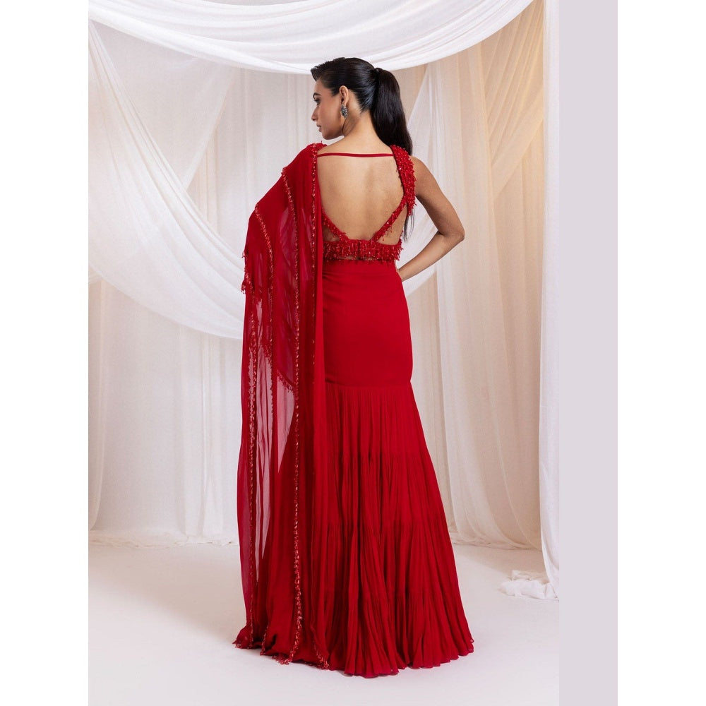 SMRITI Scarlet Icon Pre-Draped Saree with Stitched Blouse
