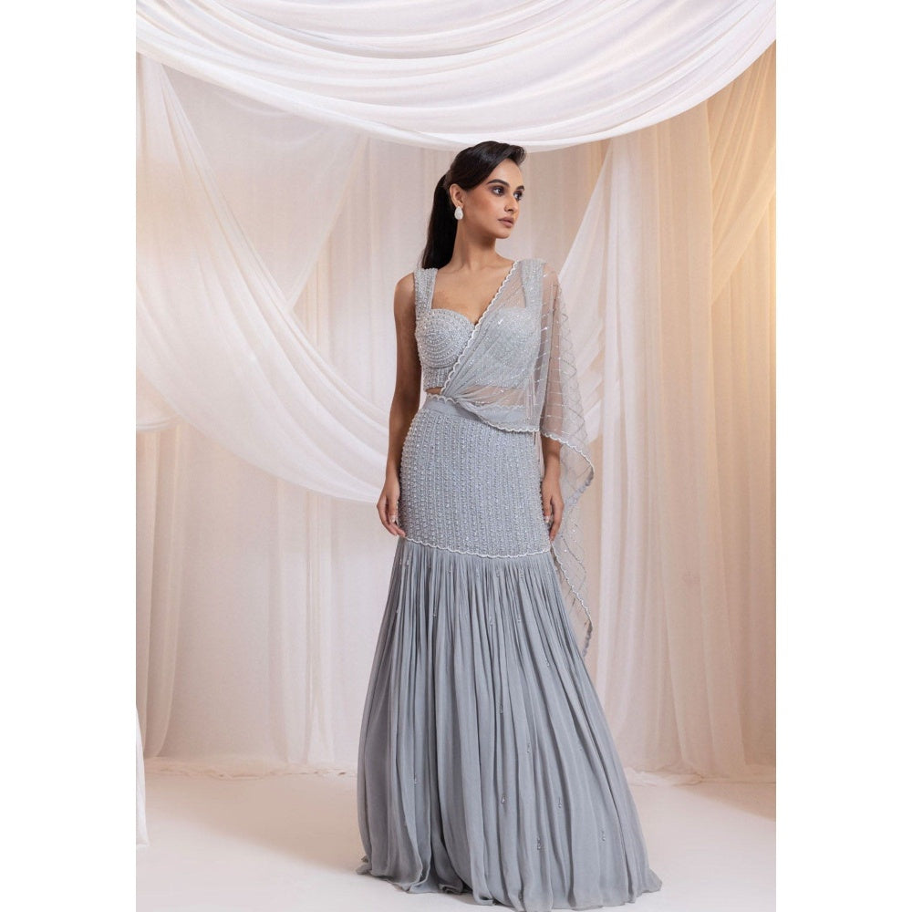 SMRITI Silver Tide Pre-Draped Saree with Stitched Blouse