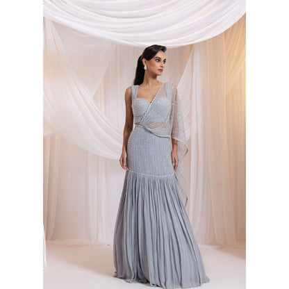 SMRITI Silver Tide Pre-Draped Saree with Stitched Blouse