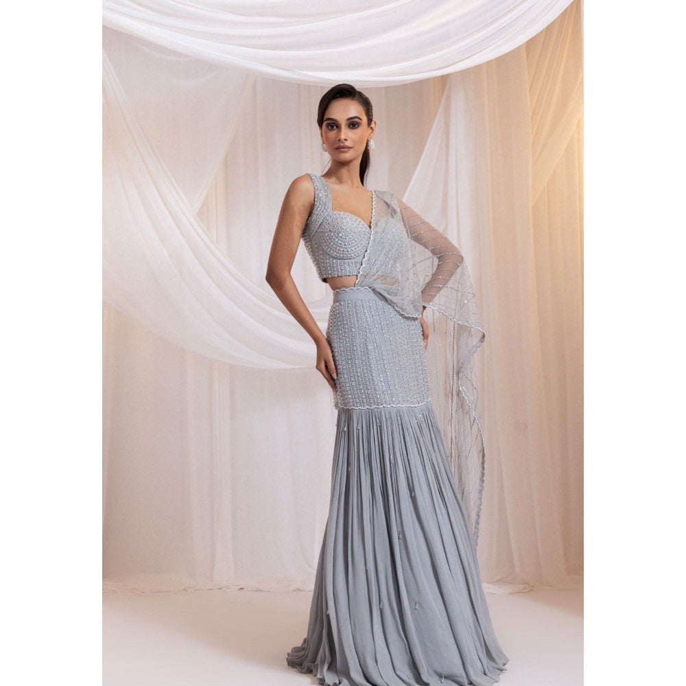 SMRITI Silver Tide Pre-Draped Saree with Stitched Blouse