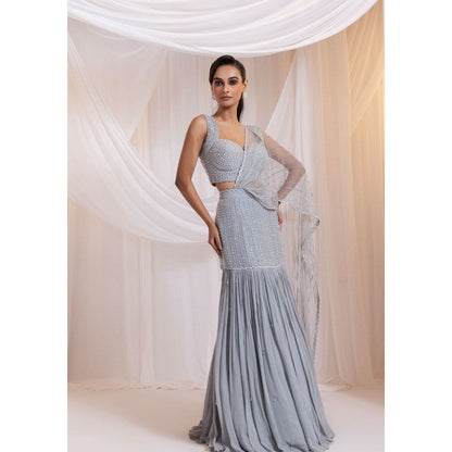 SMRITI Silver Tide Pre-Draped Saree with Stitched Blouse