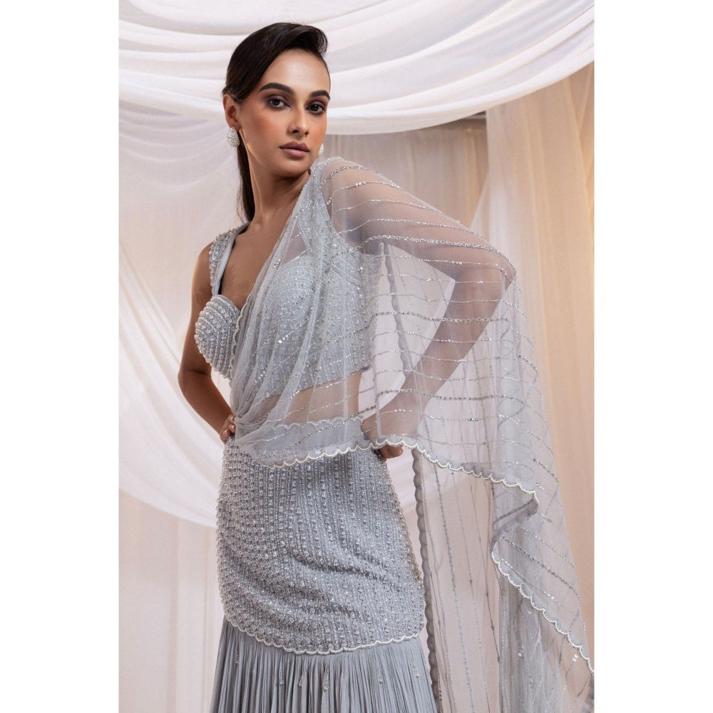 SMRITI Silver Tide Pre-Draped Saree with Stitched Blouse