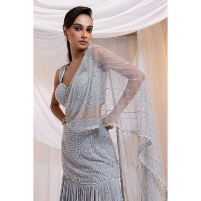 SMRITI Silver Tide Pre-Draped Saree with Stitched Blouse