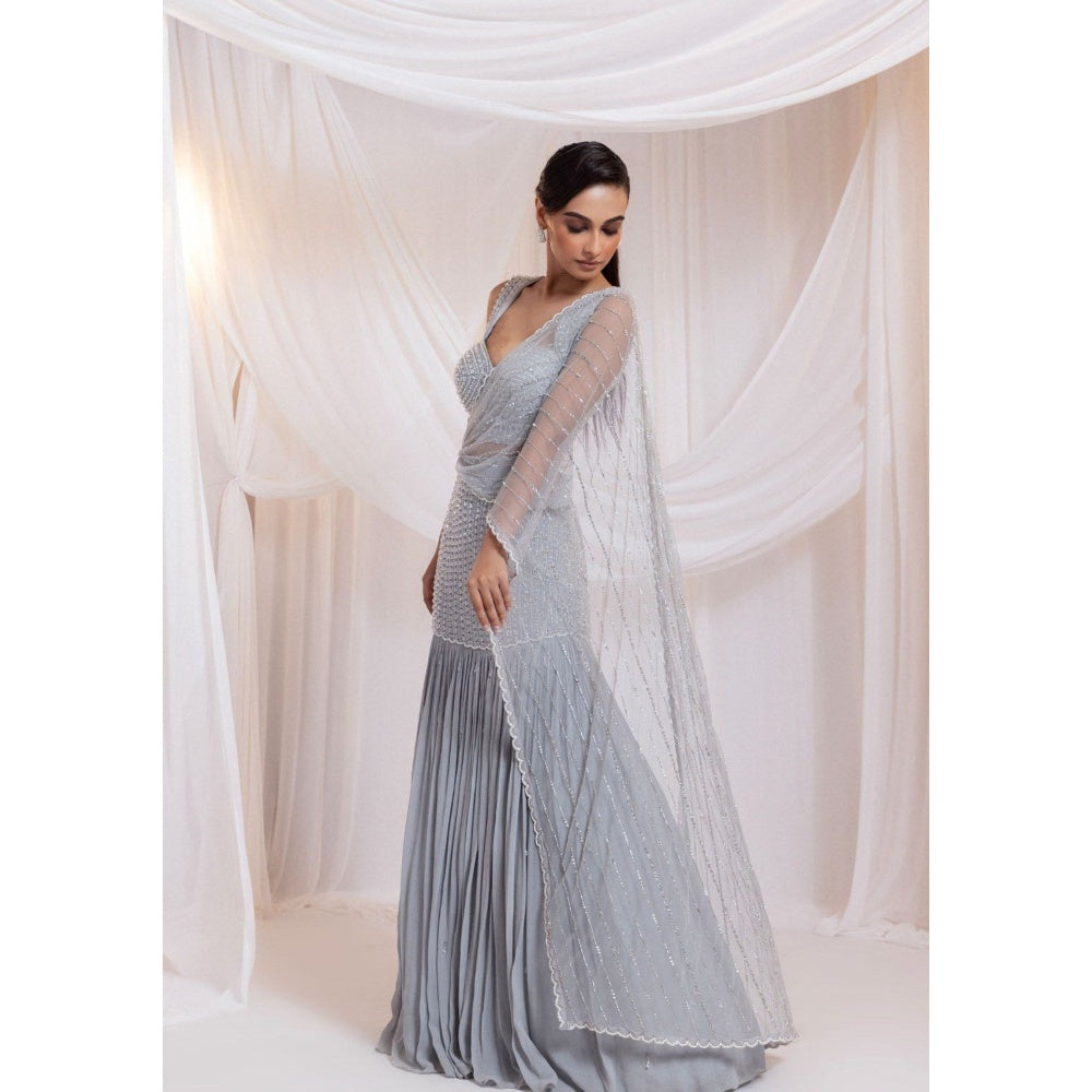 SMRITI Silver Tide Pre-Draped Saree with Stitched Blouse