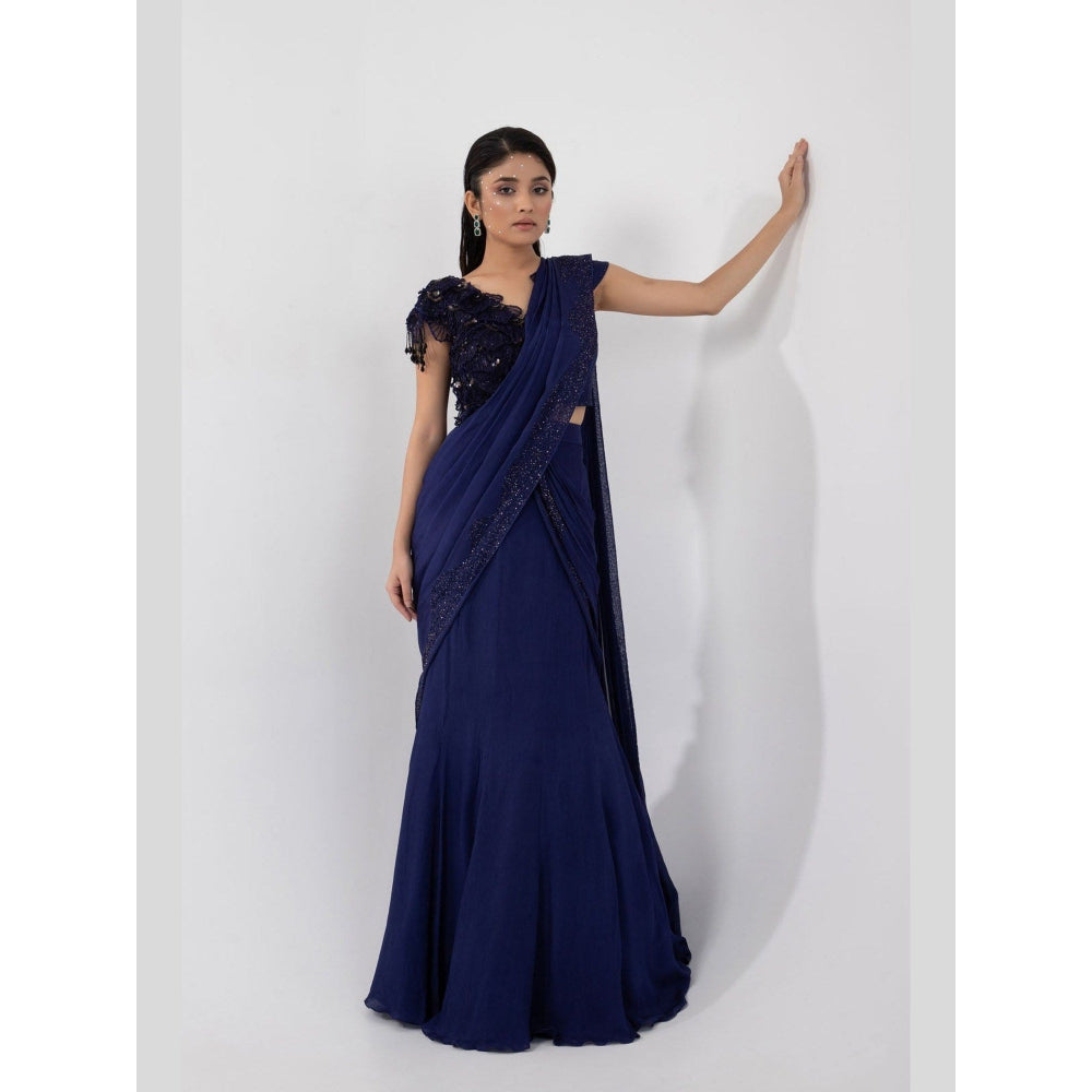 SMRITI Ultraviolet Blue Pre-Draped Saree with Stitched Blouse