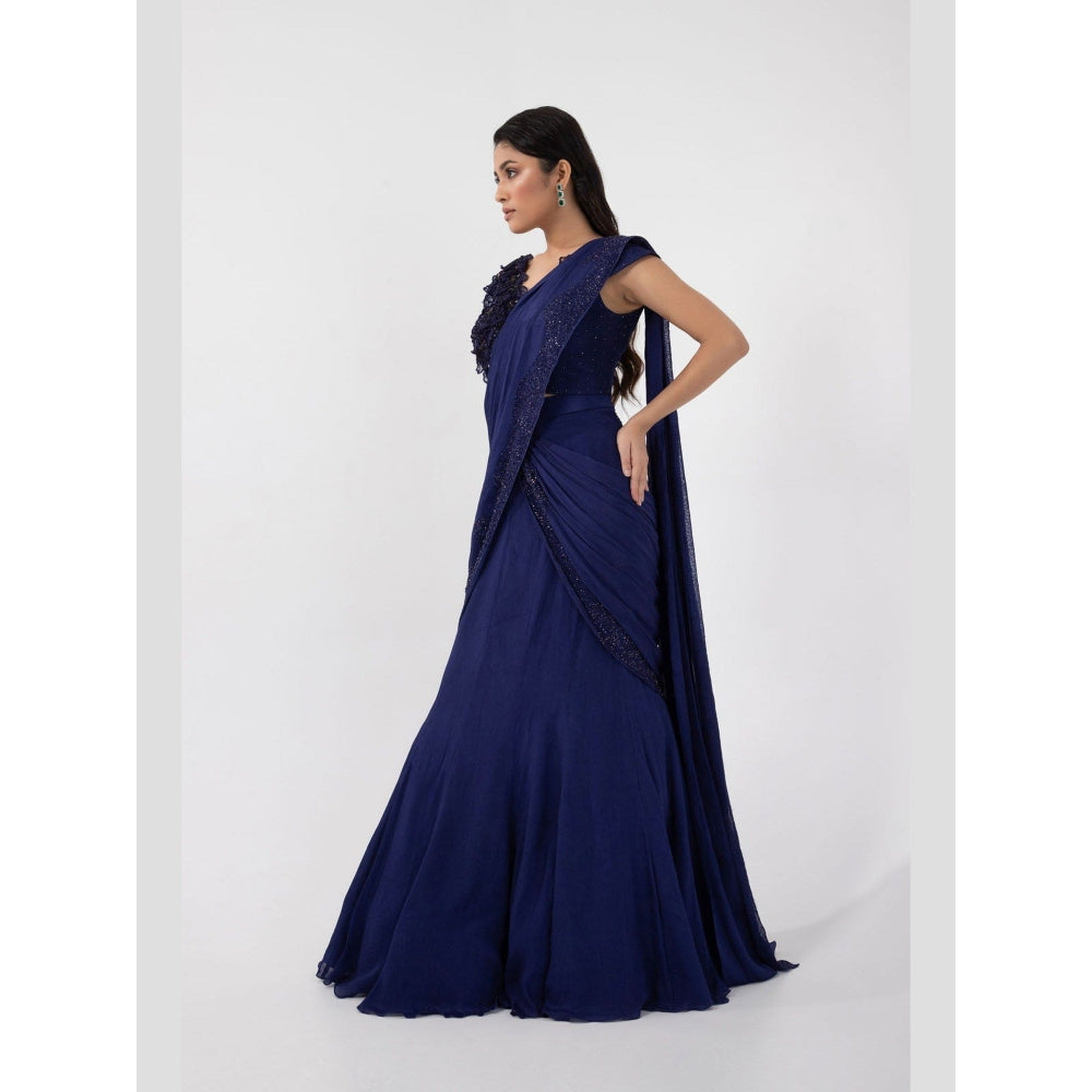 SMRITI Ultraviolet Blue Pre-Draped Saree with Stitched Blouse
