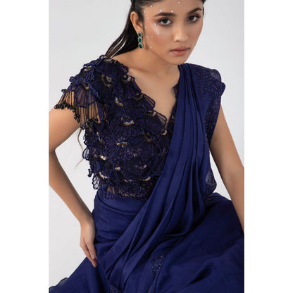 SMRITI Ultraviolet Blue Pre-Draped Saree with Stitched Blouse