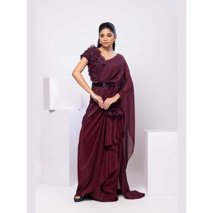 SMRITI Wine 3D Floral Pre-Draped Saree with Stitched Blouse and Belt