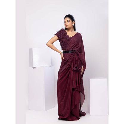 SMRITI Wine 3D Floral Pre-Draped Saree with Stitched Blouse and Belt