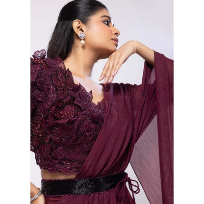 SMRITI Wine 3D Floral Pre-Draped Saree with Stitched Blouse and Belt