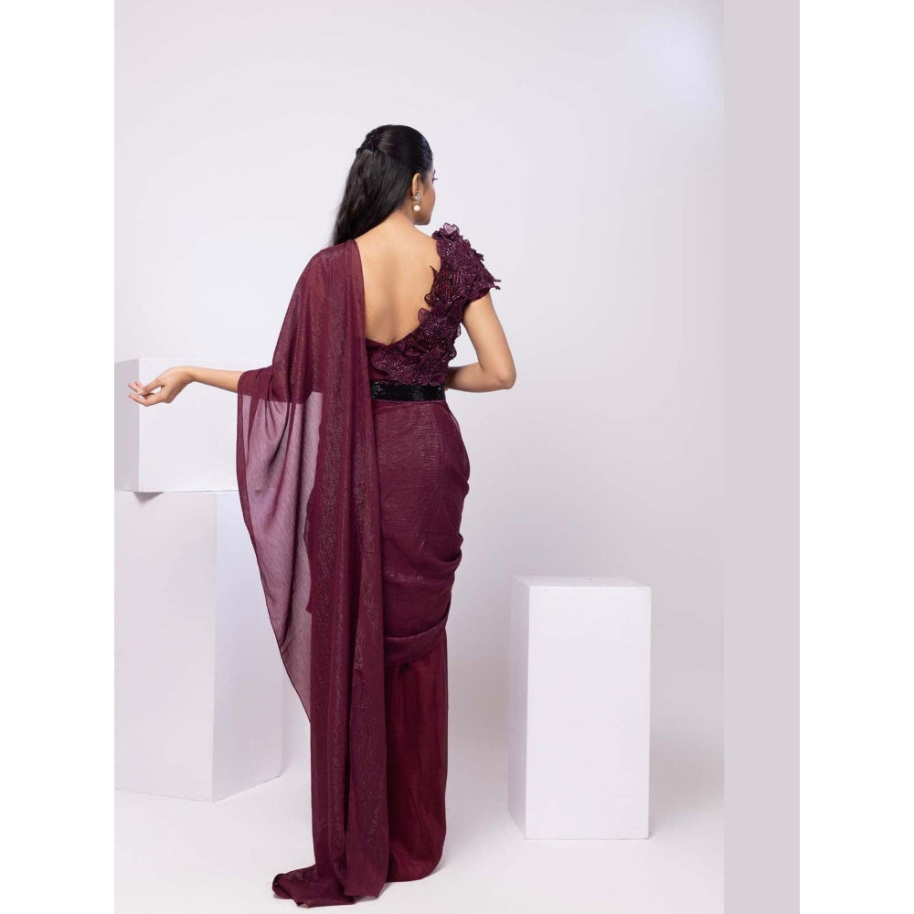 SMRITI Wine 3D Floral Pre-Draped Saree with Stitched Blouse and Belt