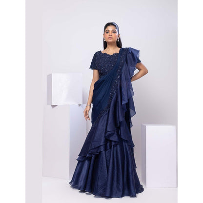 SMRITI Nova Blue Pre-Draped Saree with Stitched Blouse
