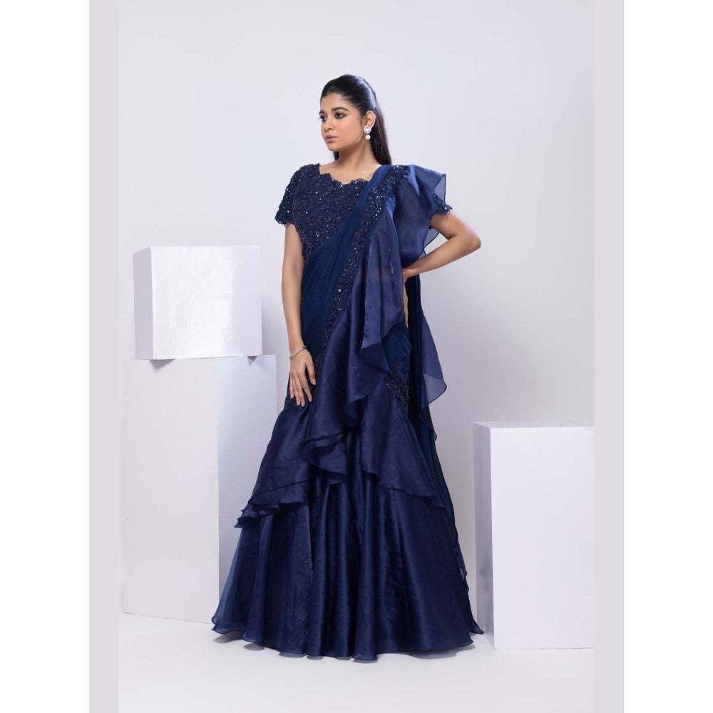 SMRITI Nova Blue Pre-Draped Saree with Stitched Blouse
