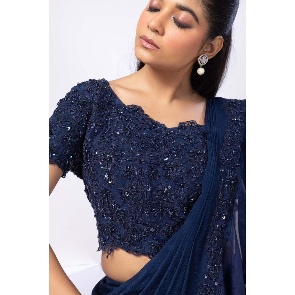 SMRITI Nova Blue Pre-Draped Saree with Stitched Blouse