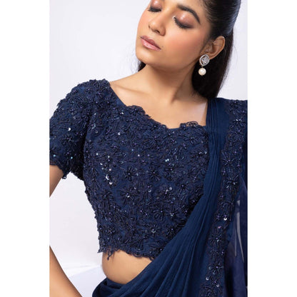 SMRITI Nova Blue Pre-Draped Saree with Stitched Blouse