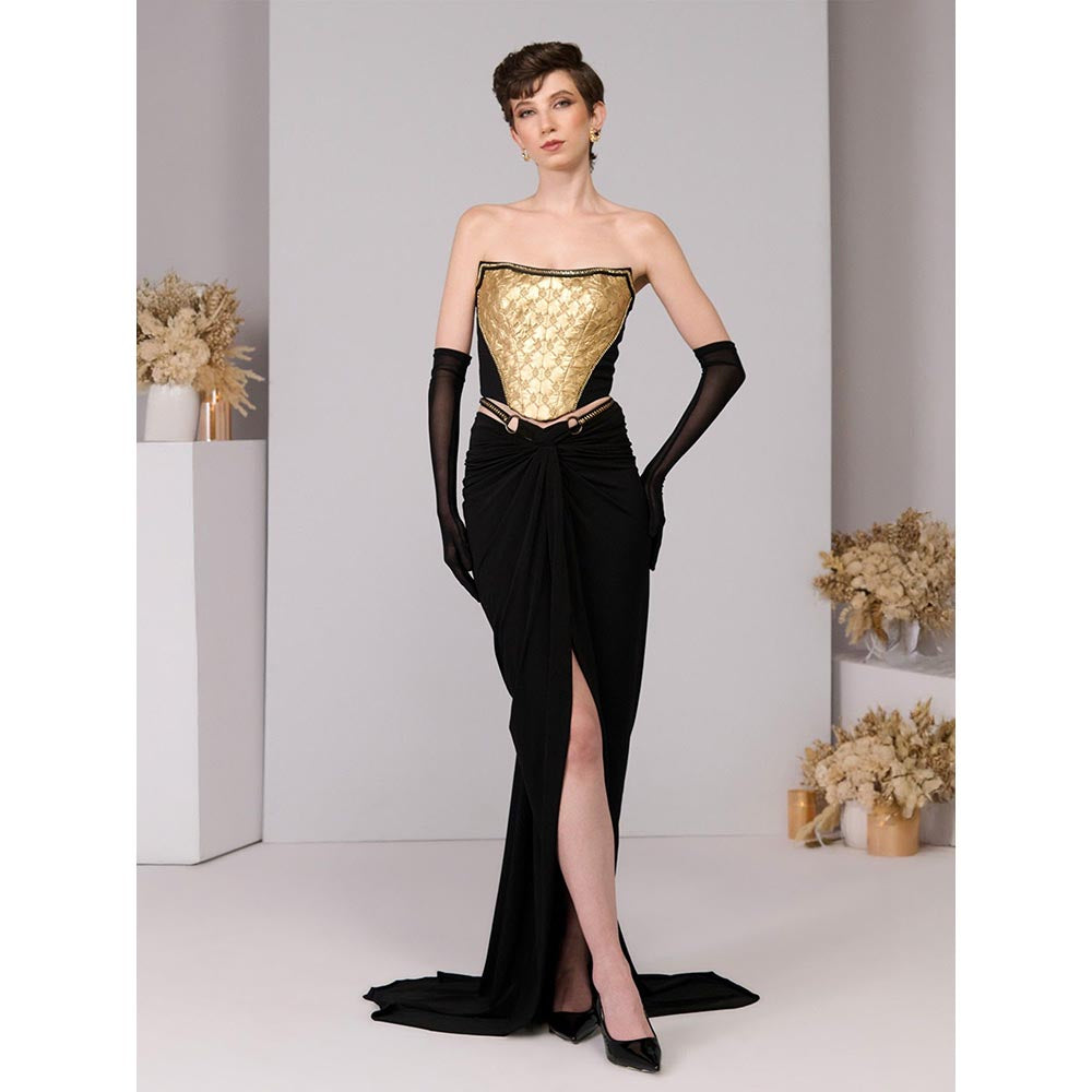 S&N by Shantnu Nikhil Gold Embossed Corset Crop Top