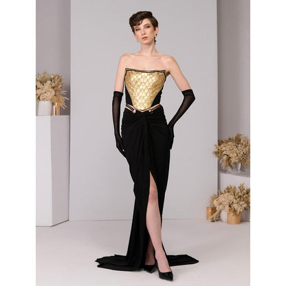 S&N by Shantnu Nikhil Gold Embossed Corset Crop Top