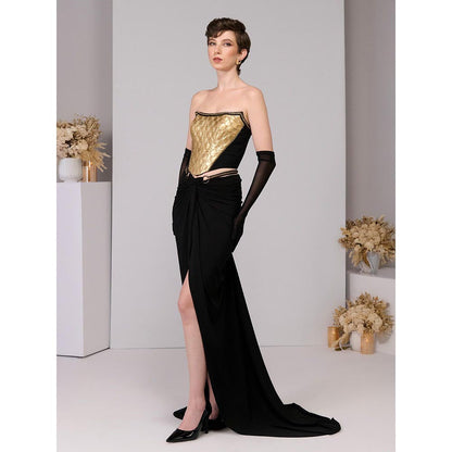 S&N by Shantnu Nikhil Gold Embossed Corset Crop Top