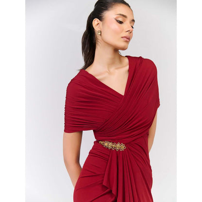 S&N by Shantnu Nikhil Red Cherry Draped Dress