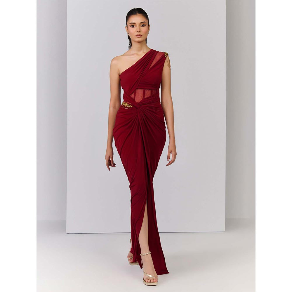S&N by Shantnu Nikhil Red One Shoulder Corset Mesh Gown
